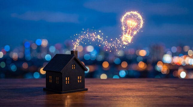 Miniature house with illuminated lightbulb concept symbolizing innovation and smart home technology at night