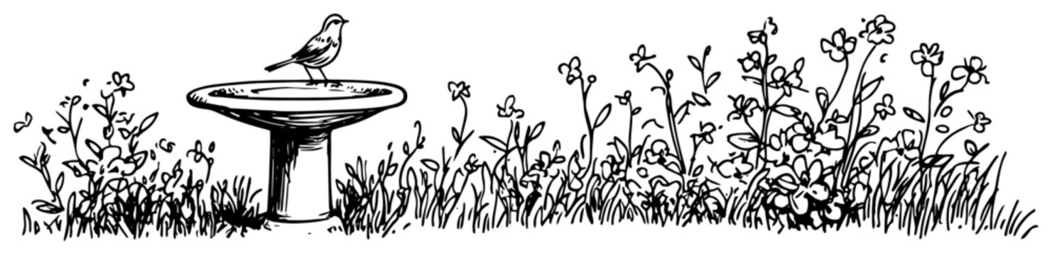 Birdbath with songbird in blooming garden flowers sketch style