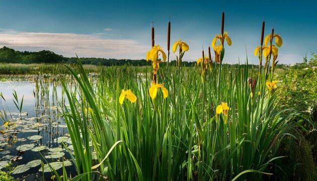 Cattails And Yellow Irises Growing In Lush Wetland Marsh