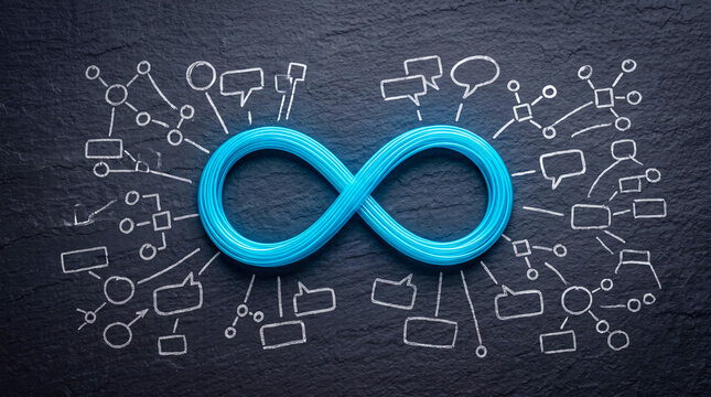 Modern fiber-optic cable forming infinity symbol surrounded by communication icons on dark chalkboard