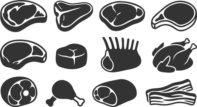 Diverse selection of raw meat cuts and poultry silhouettes for food design