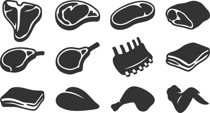 Selection of premium raw meat and poultry silhouette icons for food design