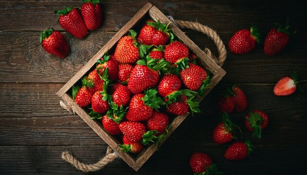 Ripe Red Strawberries Piled In Wooden Box On Vintage Wooden Surface Fresh Seasonal Berries With Seeds And Green Tops Farm To Table Produce Theme Flat Lay Fresh Produce Still Life With Clean