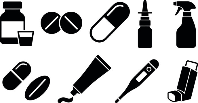 A collection of black silhouette medical icons representing various health products including pills, liquid medicine, inhalers, thermometers, ointment tubes, and nasal spray bottles on white.