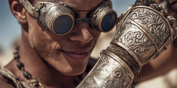 Mature man with steampunk goggles ornate metal arm bracer and necklace smiling slightly with confident expression in bright lighting