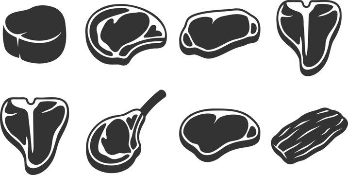 Variety of raw steak cuts in black and white vector icon set design