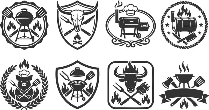 Collection of barbecue restaurant logos with fire and meat elements