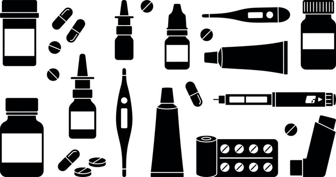 Collection of black silhouette medical icons featuring bottles, pills, thermometers, inhalers, and topical ointments isolated on a clean white background for healthcare and pharmacy design.