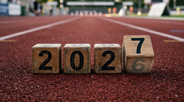 Wooden blocks with the number 2027 on a red running track, representing the transition from 2026 to 2027, new year concept, future goals, and athletic progress