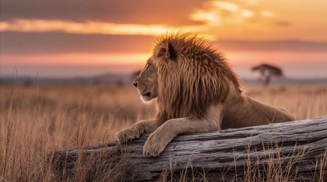Majestic lion resting on a wooden log in the savannah during sunset with acacia tree and dry grass in the background landscape.