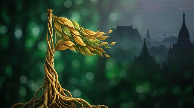 A symbolic flag shaped from intertwined banyan tree roots and vibrant golden leaves standing tall against a misty ancient temple silhouette background