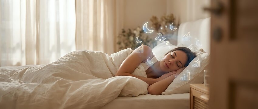 Young adult male with dark hair and medium skin tone sleeping peacefully in bed with white linens during morning light, suitable for wellness, sleep health, and lifestyle content.