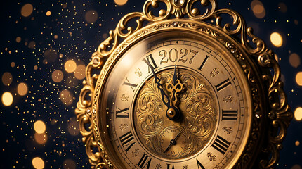 Fototapeta premium Closeup of an ornate vintage golden clock face showing the year 2027, elegant roman numerals, intricate filigree patterns, and a dark background with glowing golden bokeh lights