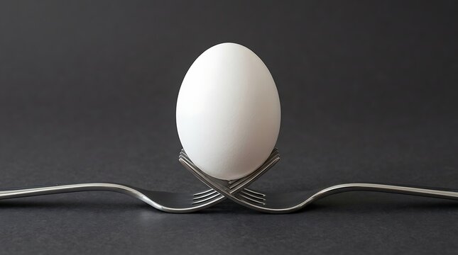 Still life photography of a white egg balancing on crossed cutlery tines against a dark studio background.