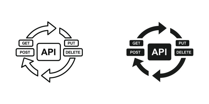 Application Programming Interface data flow cycle with CRUD operations in clean line and solid icon styles