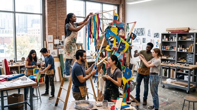 Diverse group of creative students collaborating on large colorful mixed media sculpture project in bright modern university fine arts studio space