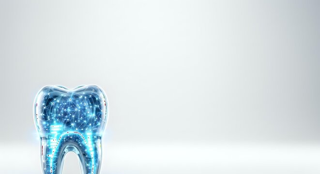 Tooth with glowing blue digital network pattern and light effects isolated on white background for dental technology and healthcare design use.