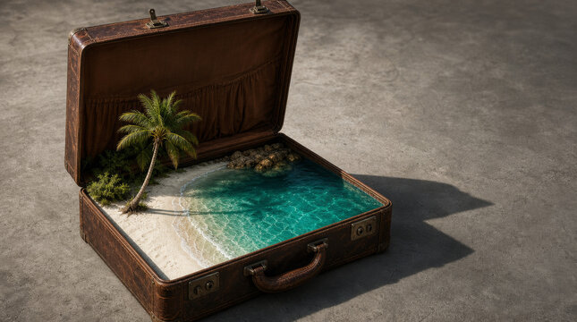 Surreal concept shot of an open vintage brown leather suitcase on a grey concrete floor, containing a miniature tropical oasis with white sand, a palm tree, and turquoise water.