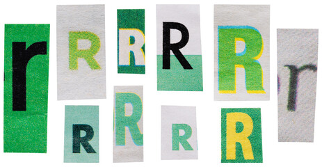 Obraz premium Set of green ransom letters R cut out from vintage newspapers and magazines isolated for collage