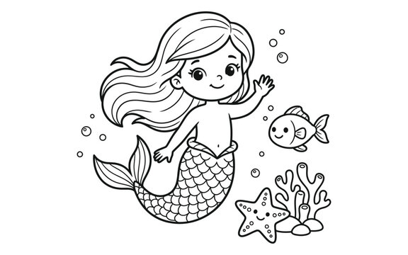Cute little mermaid waving hand with a small fish and starfish in the ocean for kids coloring page