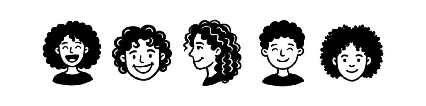 Character set featuring diverse people with curly and afro hair. Minimalist black and white hand-drawn vector avatars with happy expressions, smiling faces, and different hairstyles.