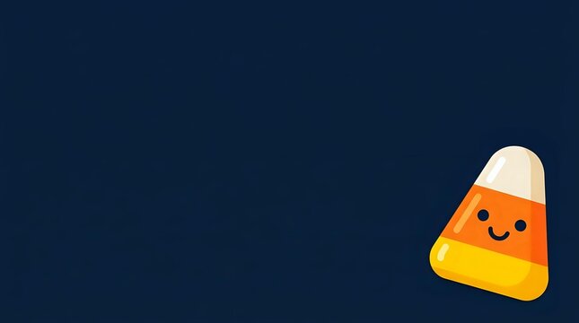 Candy corn character with smiling face isolated on dark blue background, ready for Halloween designs, greeting cards, and seasonal marketing materials.