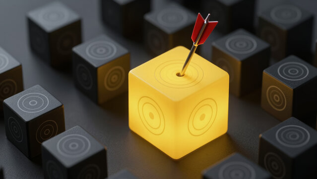 Precision Arrow Hitting Bullseye Target &ndash; Yellow Cube with Red Arrow Among Black Cubes for Advertising, Marketing, Targeting, Success and Goal Achievement Concepts