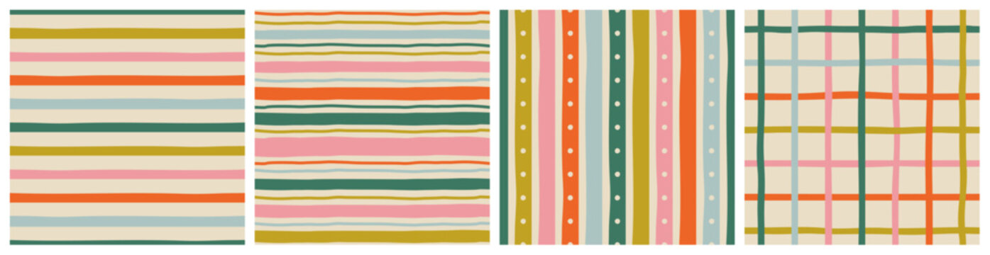 Colorful geometric square grid line seamless pattern set. Retro rainbow gingham style background collection. Abstract tartan fabric texture illustration.