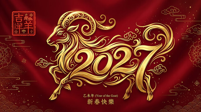 2027 chinese new year of the goat, golden goat illustration with traditional chinese patterns, red background, festive greeting card design