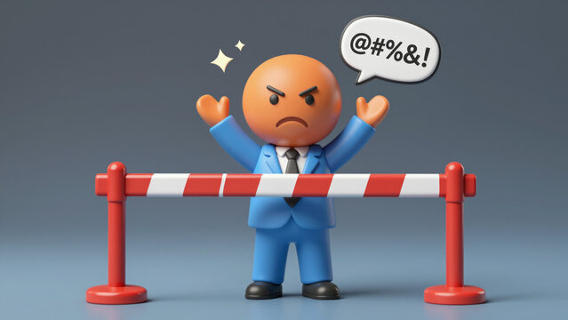 Stylized Businessman Figurine with Orange Head in Frustration &ndash; Behind Closed Barrier for Office Worker Dismissal, Denied Access, and Workplace Network Ban Concepts