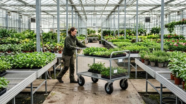 Medium shot of mobile wire bench units equipped with wheels in a greenhouse emphasizing effortless movement and flexible workspace configuration for efficient plant maintenance.