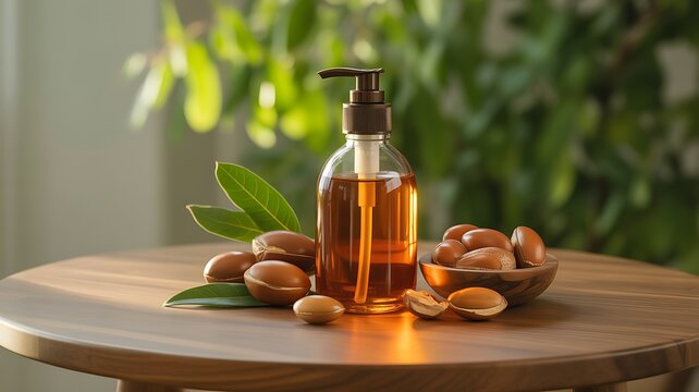 Argan oil bottle with nuts on a wooden table