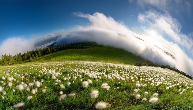 Micro Panorama Di Prato Verde Di Lana Con Fiori Bianchi