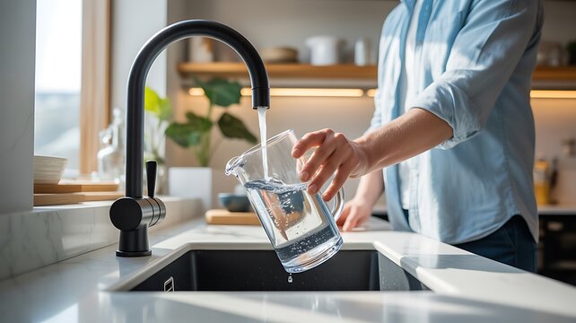 Person washing a glass pitcher in a modern kitchen sink