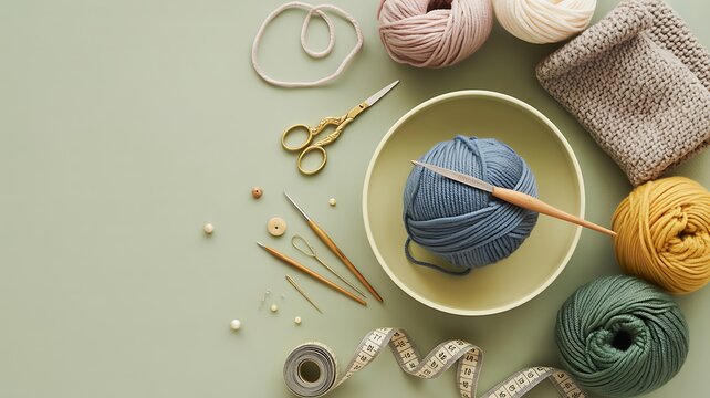 Knitting yarn balls with needles and scissors on a table