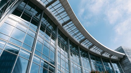 Obraz premium A modern architectural structure with a sweeping curved glass facade under a clear blue sky