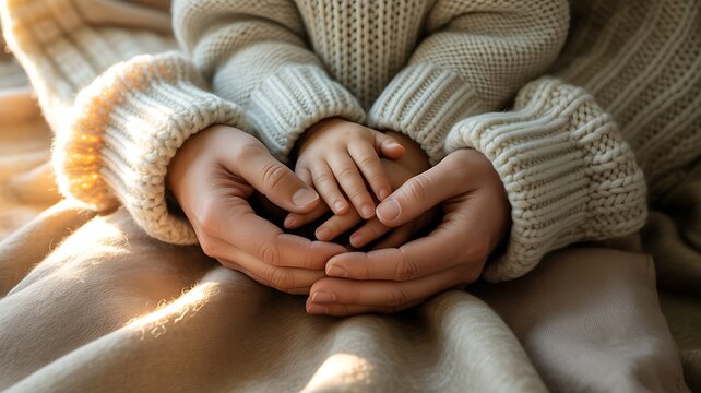 Mother and child holding hands in cozy wool sweaters