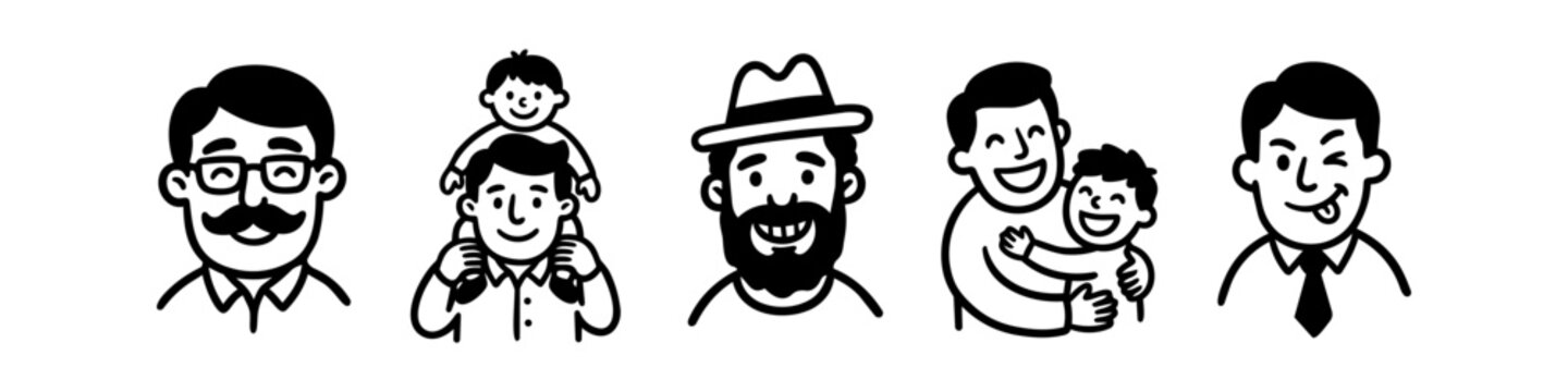 Set of five black and white hand-drawn icons of diverse fathers and family moments. Includes dad with child on shoulders, hugs, and expressive portraits. Minimalist line art doodle illustration.