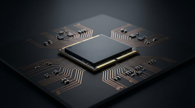 Advanced Central Processing Unit Microchip Mounted on a Sleek Obsidian Panel for Modern High Performance Computing Systems