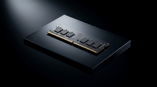 Advanced Electronic Memory RAM Chip Resting on a Polished Black Obsidian Panel Background