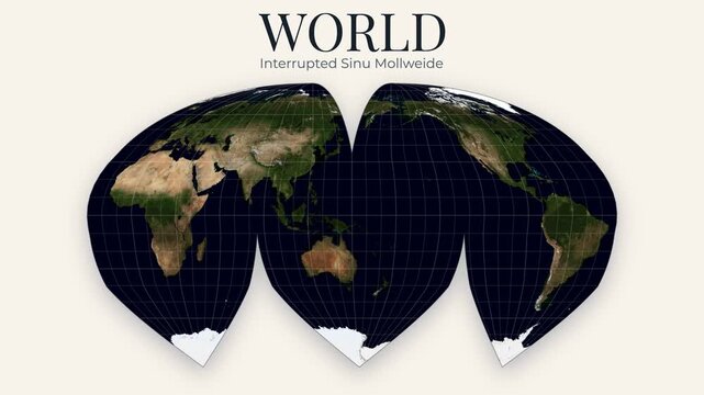 World Map. Interrupted Sinu-Mollweide projection. Rotating Earth with topography and graticule lines. Seamless loop. 4K resolution. Elements derived from NASA imagery.