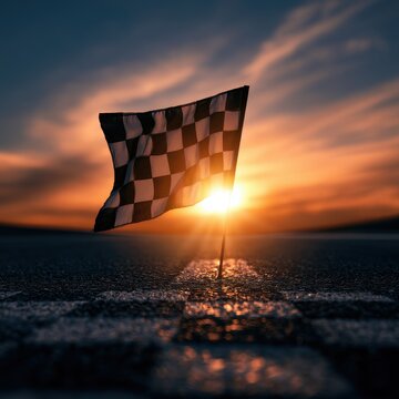 Stunning photo of A checkered racing flag waves against a vibrant sunset sky. Victory and success.