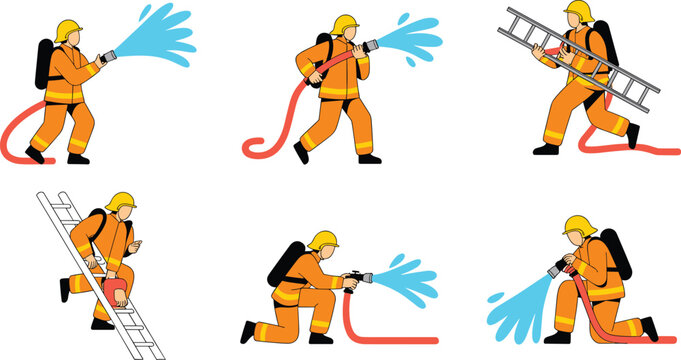 Firefighter cartoon character vector illustration set featuring brave firemen in uniform spraying water from hose and climbing ladders in action poses