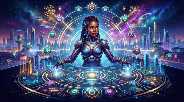 Futuristic woman meditating with glowing blue orbs and holographic cityscape