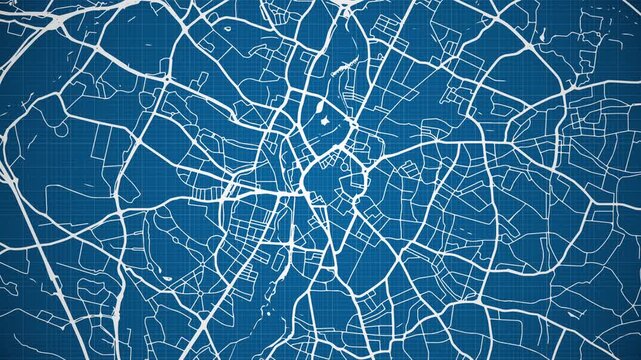 Ink reveal animation of Leicester city, Leicestershire, England, United Kingdom, grid map. Aerial top view. Blueprint style. White lines with blue background. 4K Seamless loop.