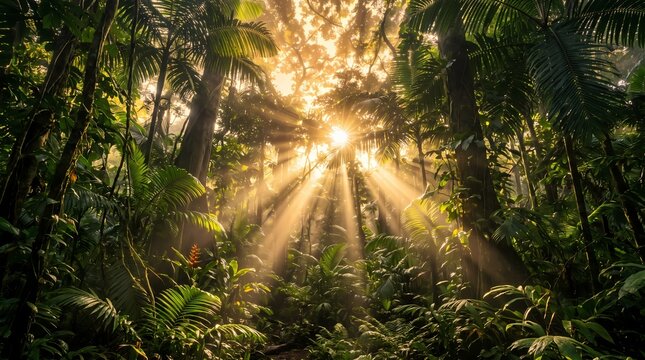 Golden sun rays shining through dense green canopy of a tropical rainforest jungle