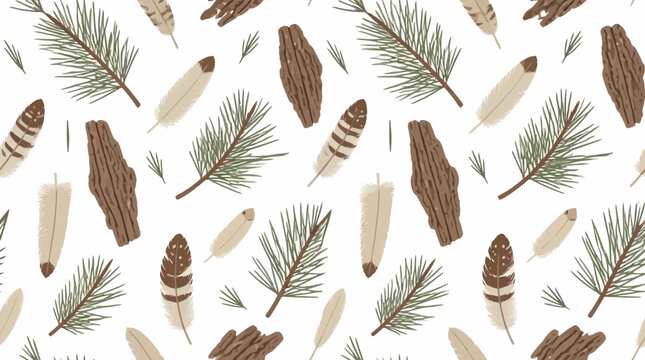 Seamless forest pattern with pine needles and feathers.
