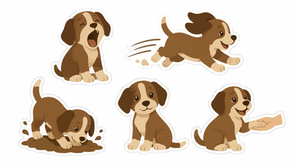 Set of cute brown puppy cartoon stickers in motion.