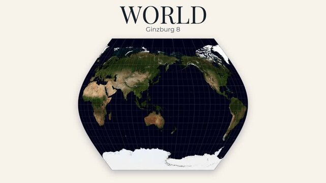 Ginzburg VIII world map. Rotating Earth with topography and graticule. Cinematic atlas style. Seamless loop. 4K resolution. Elements derived from NASA imagery.