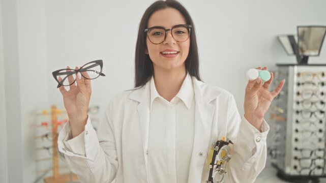 Woman optician holds eyeglasses in one hand and a contact lens case in the other while smiling and pointing to lenses in an optical building; confidence and care.
